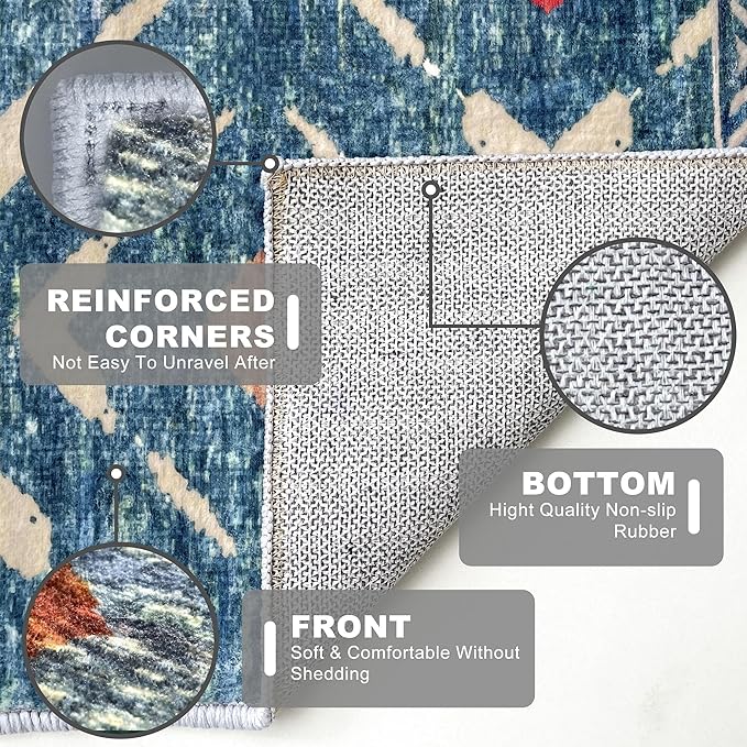 KILOCOCO Area Rug 3'x5' Rug for Entryway Washable Printed Bedroom Rugs Non Slip Boho Low-Pile Soft Rugs for Kitchen Dining Geometric Moroccan Carpet, Teal/Blue