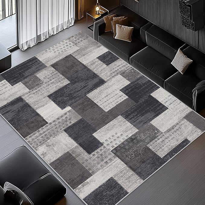 Modern Geometric Patchwork Indoor Area Rug for Living Room, Charcoal 5'x 7' Large Rug Rockwood Collection Hardwood Floors Decor for Bedroom, Grey Throw Carpet for Office Entryway Dining Room