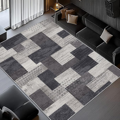Modern Geometric Patchwork Indoor Area Rug for Living Room, Charcoal 5'x 7' Large Rug Rockwood Collection Hardwood Floors Decor for Bedroom, Grey Throw Carpet for Office Entryway Dining Room