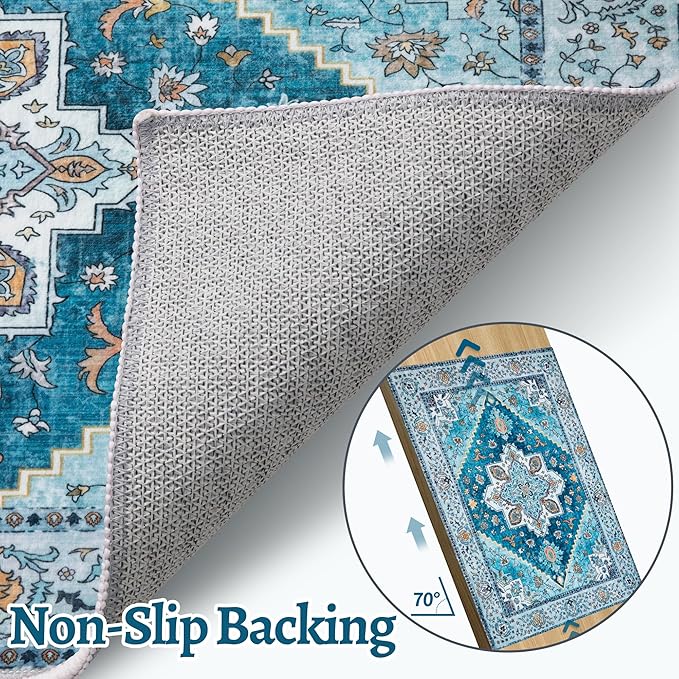 Tangsoo Blue 2x6 Washable Runner Rug for Hallways, Non Slip Vintage Runner Rug, Soft Boho Low Pile Long Rug Runner, Carpet Runners for Kitchen Bedroom Entryway Bathroom Living Room