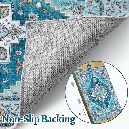 Tangsoo Blue 4x6 Area Rug, Vintage Washable Non Slip Indoor Rugs, Oriental Machine Washable Rug Carpet, Soft Low Pile Foldable Floor Rugs for Dining Room Bedroom Living Room Home Decor