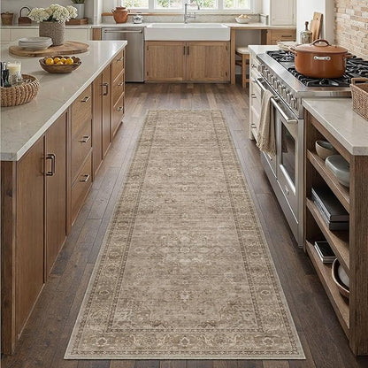 HUGEAR Washable Hallway 2x8 Runner Rugs Retro Brown Vintage Distressed Non Slip Stain Resistant Low Pile Neutral Throw Carpet for Bedside Kitchen Entryway Home Decor