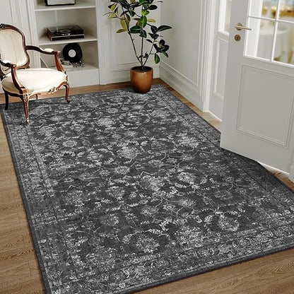 3x5 Washable Area Rugs for Living Room, Vintage Boho Large Rug for Bedroom Dining Room Office, Distressed Floral Print Carpet for Under Table, Soft Non Slip Low Pile Throw Carpet Indoor Mat, Black