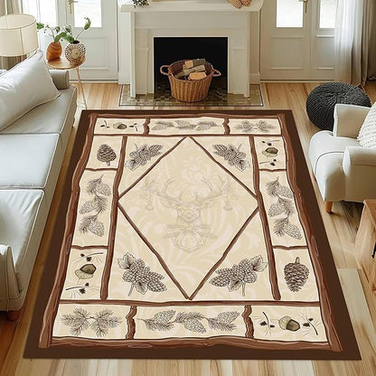 Country Cottage Deer Area Rugs 5x8ft Animal Plant Pine Cone Leaves Branches Patchwork Pattern Featured Indoor Floor Rugs, Vintage Style Non-Slip Non-Shedding Rugs for Farmhouse Office Living Room