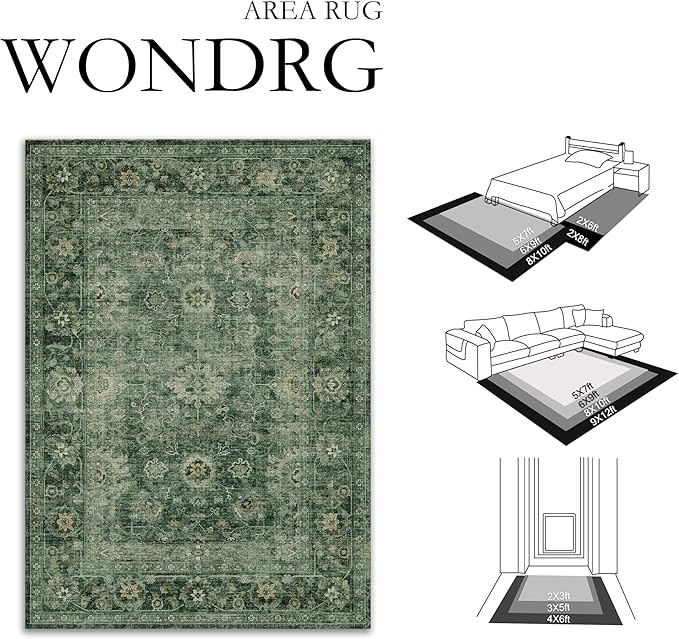8x10 Washable Area Rug for Living Room Bedroom Green Vintage Distressed Rustic Large Carpet Non-Slip Low Pile Lightweight Vacuumable Soft Throw Rug for Indoor Dining Room
