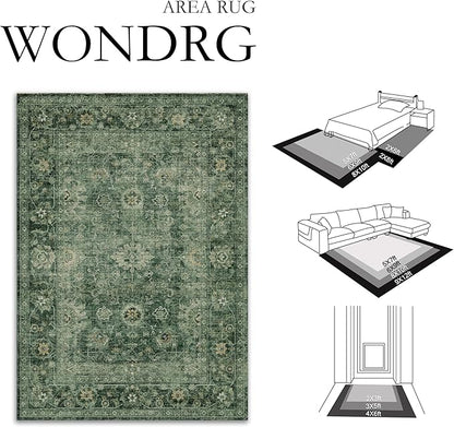2x8 Washable Runner Rug for Kitchen Hallway Green Vintage Non-Slip Low Pile Distressed Rustic Carpet Lightweight Vacuumable Soft Long Throw Rug for Entryway Bedroom