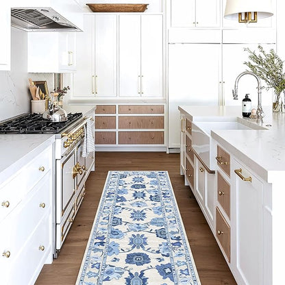 Fame Living Navy Blue Oushak Rug, Modern Rugs, Vintage, Turkish, Eclectic, Floral, Pastel, Washable, Small Throw, Accent Area Rug for Living Room, Bedroom, Kitchen, Bathroom, 2'5"x4'9"