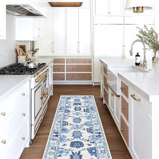 Fame Living Navy Blue Oushak Rug, Modern Rugs, Vintage, Turkish, Eclectic, Floral, Pastel, Washable, Small Throw, Accent Area Rug for Living Room, Bedroom, Kitchen, Bathroom, 2'5"x4'9"