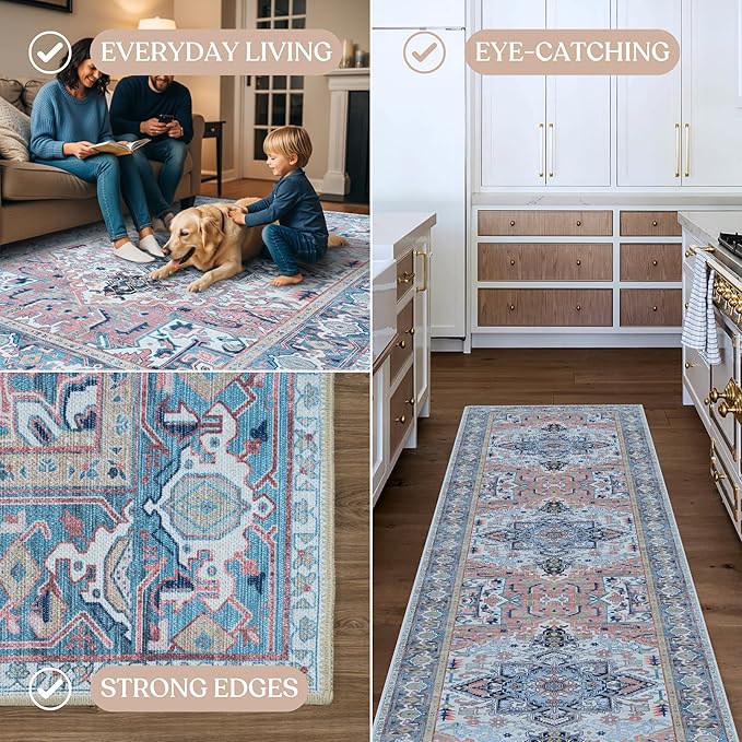 Washable Area Rug. Modern Farmhouse. Vintage. Turkish. Bohemian. Distressed. Oriental. Traditional. Rugs for Living Room. Dining. Bedroom. Office. Entryway. Foyer. (861NT, 9'5" x 14')