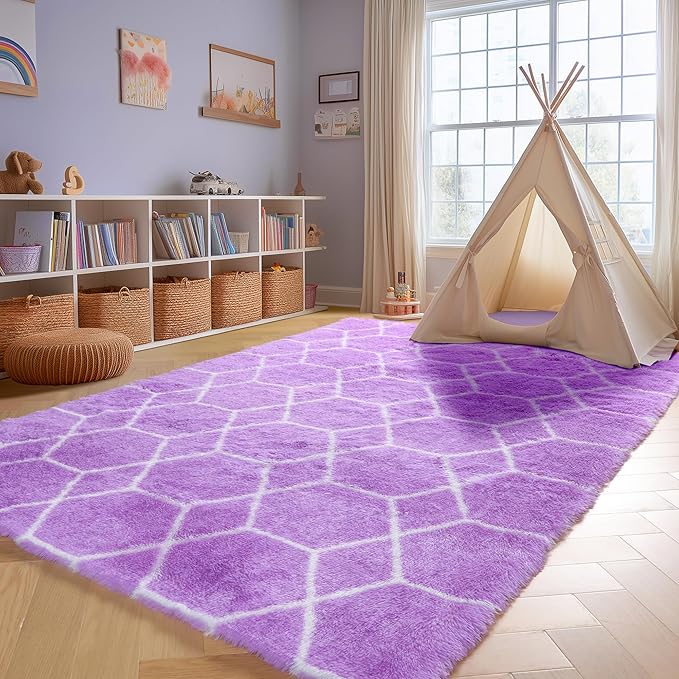 ONASAR 5x7 Area Rugs for Living Room Bedroom, Washable Fluffy Purple and White Throw Rug, Geometric Boho Soft Plush Shaggy Floor Bedside Carpet Mat for Nursery Kids Girls Boys Teen Dorm Home Decor