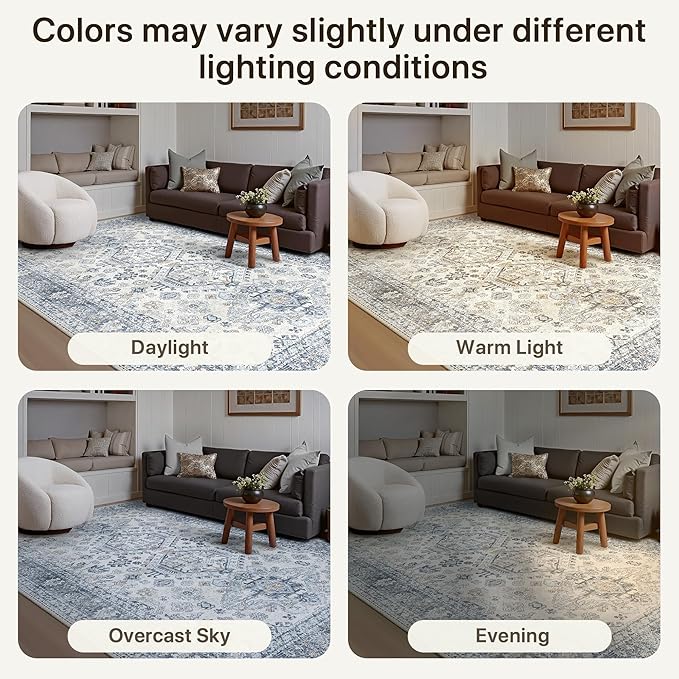 Bavni Washable Runner Rug 2’6”x10, Non Slip Vintage Hallway Runner, Ultra Thin Low Pile Washable Carpet for Kitchen Entryway Bedroom, Light Blue