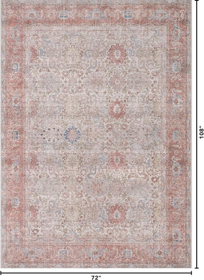 Kuden 6x9 Area Rug, Machine Washable Area Rug with Non-Slip Backing, Vintage Style, Soft, Easy Clean, Low Pile Rug for Living Room, Bedroom, Dining Room