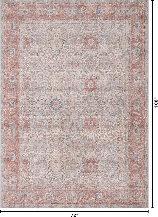 Kuden 6x9 Area Rug, Machine Washable Area Rug with Non-Slip Backing, Vintage Style, Soft, Easy Clean, Low Pile Rug for Living Room, Bedroom, Dining Room