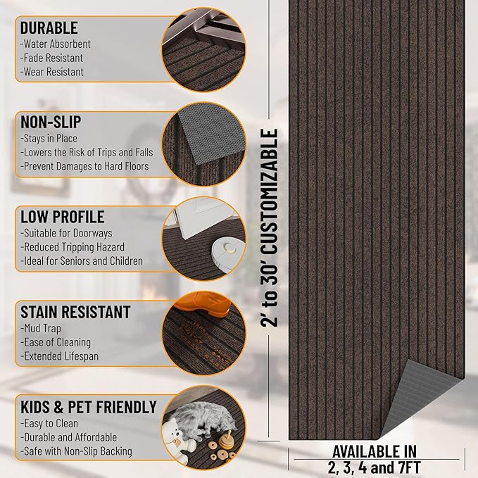 Ottomanson 2'7" x 12' Hallway Runner with Scraper Pile - Extra Durable Non-Slip Rug Mat for Indoor & Outdoor Use - Ideal for Kitchen, Entryway & Garage - High-Traffic Carpet, Brown