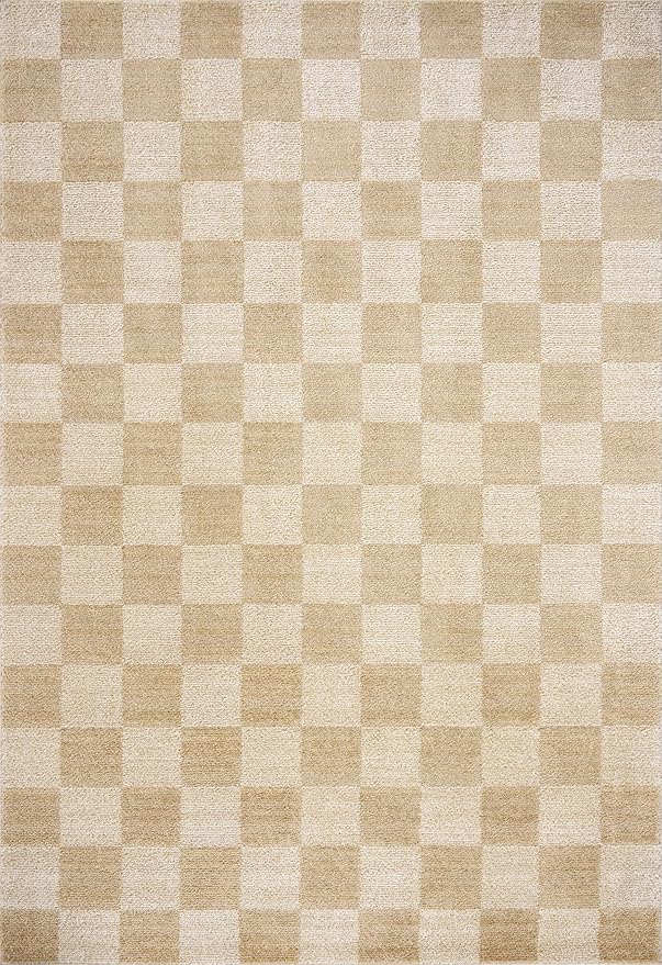 Loloi Chris Loves Julia Calvin Collection CLV-01 Wheat/Ivory 2'-7" x 7'-6" Runner Rug Checkered Neutral Soft Living Room Bedroom Carpet