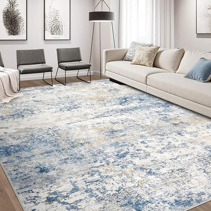 Area Rug Living Room Rugs - 7x9 Abstract Large Soft Indoor Washable Rug Neutral Modern Low Pile Carpet for Bedroom Dining Room Farmhouse Home Office - Blue