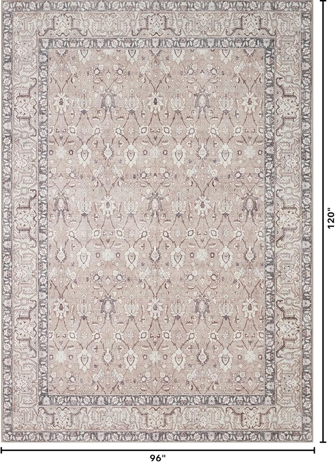 Kuden 8x10 Large Area Rug, Machine Washable Area Rug with Non-Slip Backing, Vintage Style, Soft, Easy Clean, Low Pile Rug for Living Room, Bedroom, Dining Room