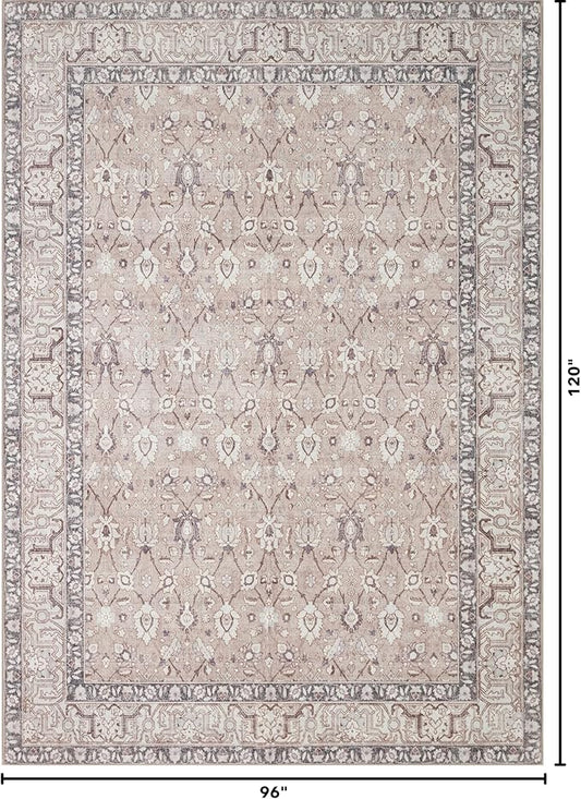 Kuden 8x10 Large Area Rug, Machine Washable Area Rug with Non-Slip Backing, Vintage Style, Soft, Easy Clean, Low Pile Rug for Living Room, Bedroom, Dining Room