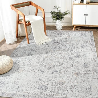 jinchan Kalen Area Rug 5x7 Washable Living Room Rug Vintage Indoor Floor Cover Retro Accent Mat Distressed Gray Floral Country Boho Non Slip Thin Carpet for Bedroom Kitchen Dining Room Office Grey