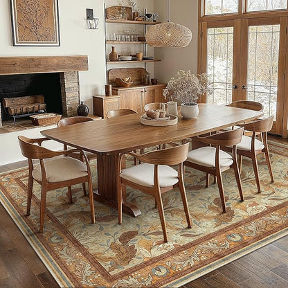Bavni 8x10 Area Rugs for Living Room, Microfiber Machine Washable Non-Slip Vintage Floral Rug, Low Pile Lightweight Carpet for Bedroom, Dining Room, Home Office, Beige & Terracotta