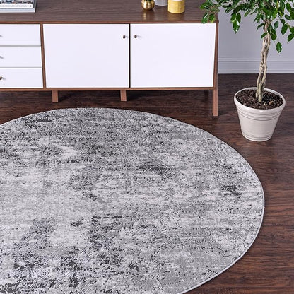 Rugs.com Leipzig Collection Rug – 4 Ft Round Gray Low-Pile Rug Perfect for Kitchens, Dining Rooms