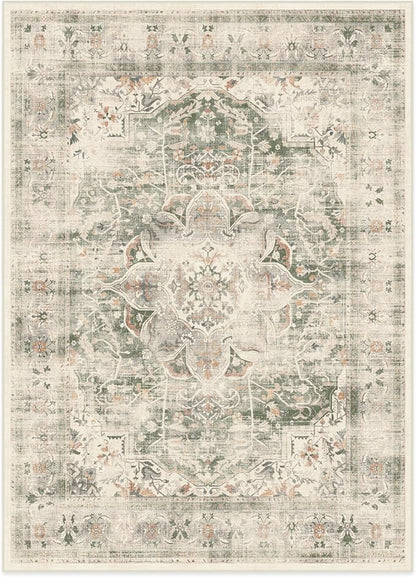 RUGGABLE Washable Vintage Area Rug – Sarrah Sage 5x7, Stain-Resistant, Non-Slip – Medium Machine Washable Rugs for Living Room, Bedroom, Hallway, Entryway & Office–with Cushioned Pad