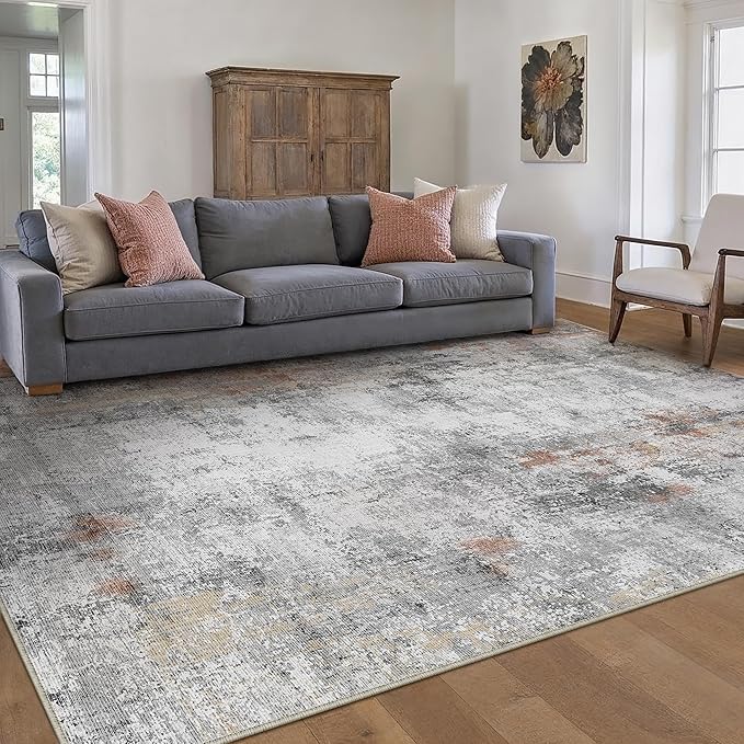 6x9 Washable Area Rug Grey Rust Abstract Living Room Bedroom Carpet Neutral Modern Non-Slip Soft Low Pile Lightweight Vacuumable Throw Rug for Dining Room Kitchen
