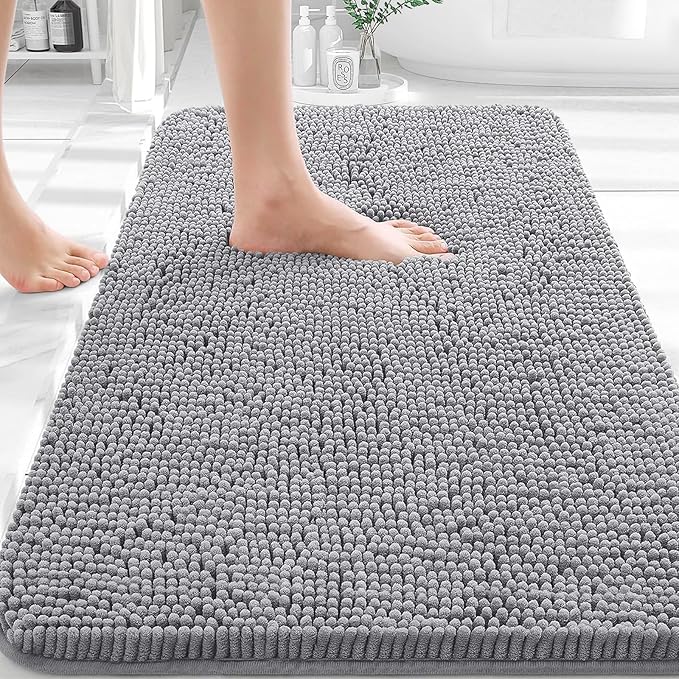 OLANLY Bathroom Rugs 32x20, Extra Soft Absorbent Chenille Bath Rugs, Rubber Backing Quick Dry, Machine Washable Bath Mats for Bathroom Floor, Tub and Shower, Home Decor Accessories, Grey