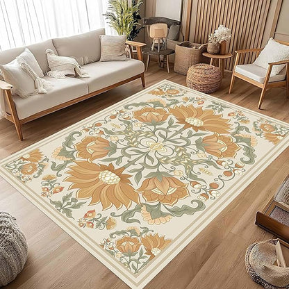 Abstract Sunflower Area Rugs, 4x5ft, Traditional Rustic Vintage Tropical Floral Theme Beige Farmhouse Boho Carpet, Shaggy Low Pile Fade Resistant Home Goods Rug for Living Room Kitchen
