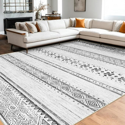 BESTSWEETIE 6x9 Area Rugs for Living Room Washable Moroccan Farmhouse Neutral Geometric Low Pile Non-Slip Soft Print Pattern Rug for Bedroom Kitchen Dining Room Entryway Grey/Black/Navy