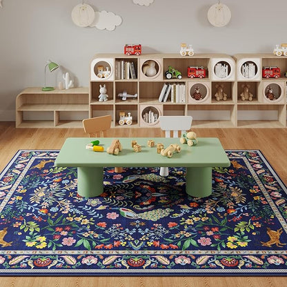 Rugcomf 9x12 Area Rugs for Living Room Washable Rug Floral Non-Slip Large Rug for Living Room, Bedroom, Farmhouse, Dining Room, Kids Playroom (Blue)