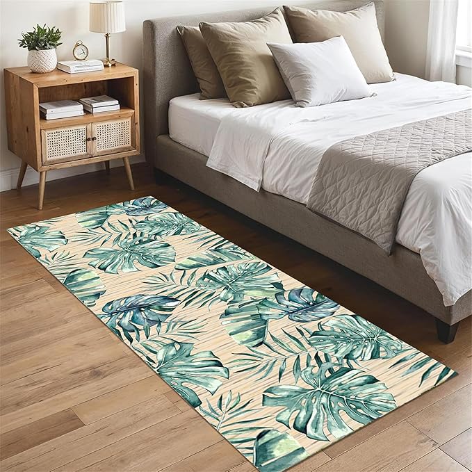Tropical Palm Leaf Runner Rug 1.3x7 ft - Green Plant Pattern Non-Slip Rug, Stain Resistant Easy Clean for Hallway, Living Room, Bedroom Floor Mat