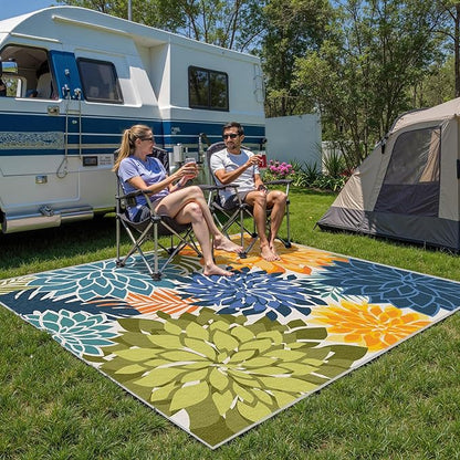 Colorful 5x8 Outdoor Area Rug Washable Multicolored Patio Rug Tropical Botanical Floral Chenille Waterproof Outdoor Carpet for Living Room, Deck, Backyard, Porch, Green