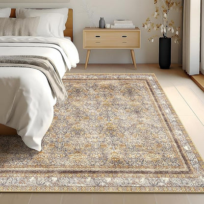 Phantoscope Washable Area Rug 8'x10' Non-Slip, Vintage Neutral Rugs for Living Room, Bedroom, Dining Room, Distressed Boho Floral Medallion Pattern, Low-Pile Foldable Carpet, Brown/Charcoal Spice