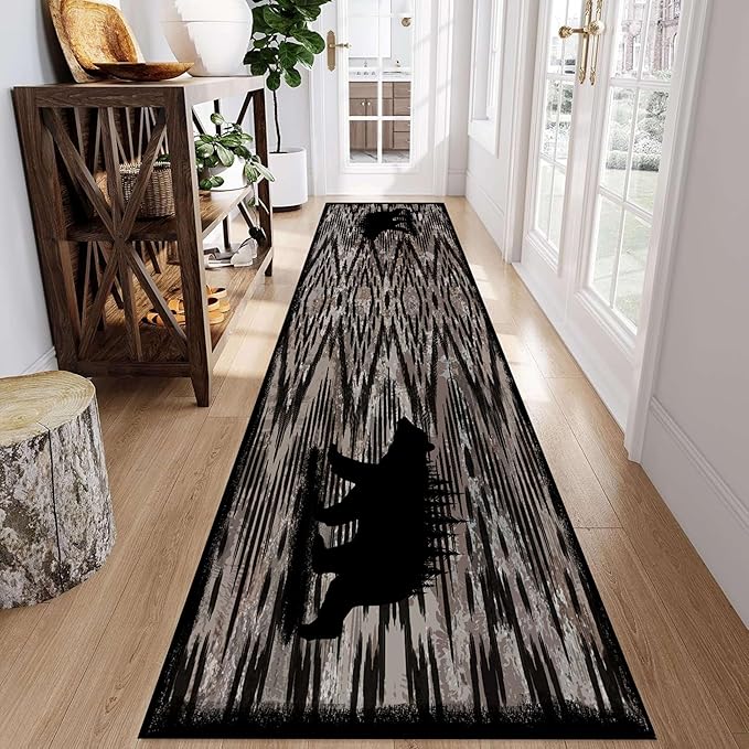 Rustic Cabin Runner Rug, 4x10ft, Vintage Lodge Wood Grain Wild Animal Black Bear Print Long Hallway Rug, Non-Slip Washable Carpet with Rubber Backing for Hallway Walkway Entry Foyer