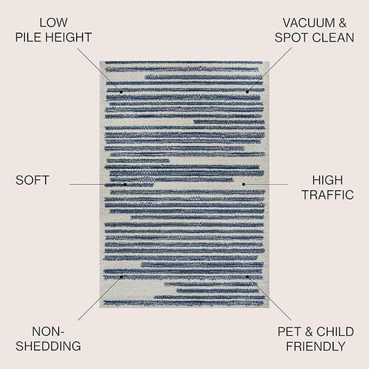 JONATHAN Y Khalil Modern Berber Stripe Cream/Navy Indoor Area Rug, 4x6, Contemporary, Bohemian, Easy-Cleaning for Living Room, Bedroom, Kitchen, Pet Friendly, Non-Shedding (MOH207E-4)
