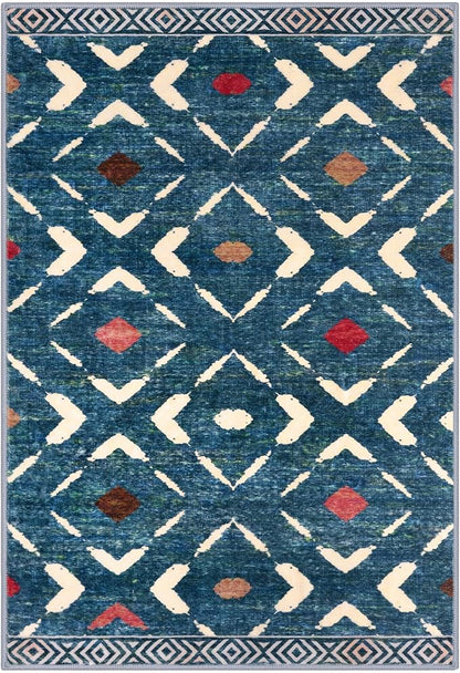 KILOCOCO Living Room Rug 5x7 Area Rug Printed Boho Washable Bedroom Rugs Non Slip Soft Large Moroccan Rubber Backed Indoor Rugs for Dining Room Office Farmhouse Geometric Carpet, Teal/Blue