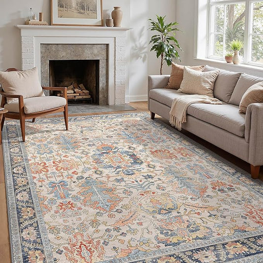 Area Rugs 8x10 Clearance Washable Boho Rug for Bedroom Living Room, Non Slip Thin Low Pile Chenille Carpet for Dining Room,Vintage Farmhouse, Teal/Multi