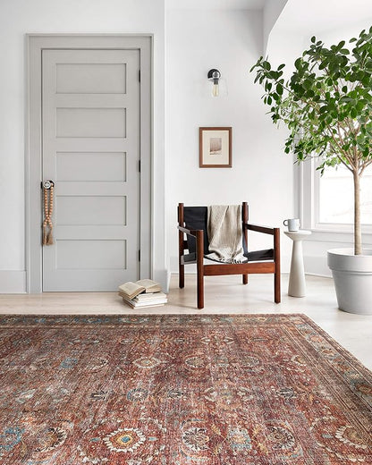 Loloi Layla Collection LAY-01 Brick/Blue 3'-6" x 5'-6" .13" Thick Accent Rug, Soft, Durable, Vintage Inspired, Distressed, Low Pile, Non-Shedding, Easy Clean, Printed, Living Room Rug