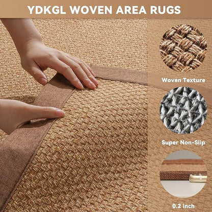 Washable Area Rug 5x7 Large Jute Like Rug for Living Room, Soft Non Slip Rugs Carpet for Dining Room Bedroom Cotton Boho Woven Braided Rugs Home Office Decor, Brown