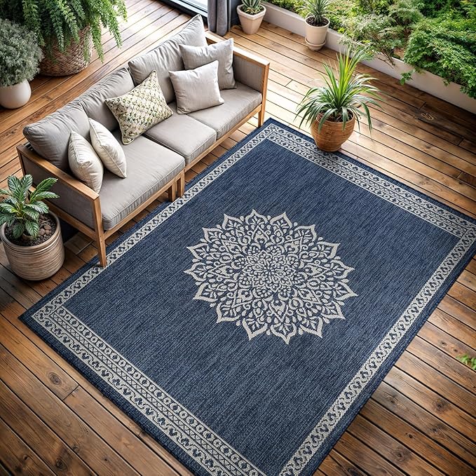 CAMILSON Outdoor Rug 6x9 Medallion Blue Modern Area Rugs for Indoor and Outdoor Patios Kitchen and Hallway Mats Washable Porch Deck Outside Carpet (Medallion Blue 6 x 9)