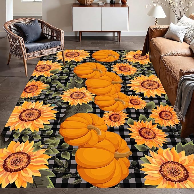 Autumn Style Area Carpet, 6x8ft, Checkered with Sunflower and Pumpkin Fall Harvest Large Flower Rug, Fluffy Short Pile Rubber Backed Farmhouse Door Mat for Study Room Front Door