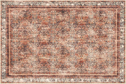 Phantoscope Washable Area Rug 6'x9' Non-Slip, Vintage Neutral Xmas Rugs for Living Room, Bedroom, Dining Room, Distressed Boho Floral Medallion Pattern, Low-Pile Foldable Floor Carpet, Brick Red/Black