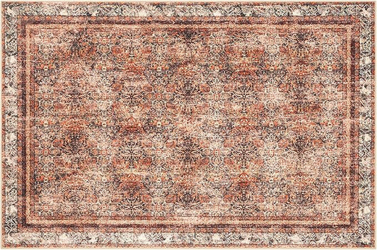 Phantoscope Washable Area Rug 6'x9' Non-Slip, Vintage Neutral Xmas Rugs for Living Room, Bedroom, Dining Room, Distressed Boho Floral Medallion Pattern, Low-Pile Foldable Floor Carpet, Brick Red/Black
