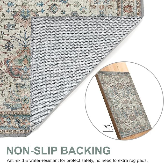 Area Rugs 8x10 Clearance Washable Boho Rug for Bedroom Living Room, Non Slip Thin Low Pile Chenille Carpet for Dining Room,Vintage Farmhouse, Blue/Ivory
