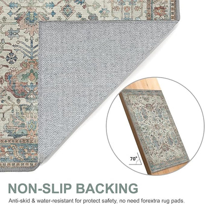 Bavni Area Rug 3x5, Non-Slip Washable Rugs for Living Room Office, Boho Distressed Printed Rug, Low Pile Foldable Decorative Carpet for Bedroom Kitchen Office, Blue/Ivory