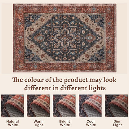 Tangsoo 5x7 Area Rug Washable Rug for Living Room, Vintage Rugs Indoor Non Slip Large Area Rugs, Print Carpet, Soft Low Pile Rugs Foldable Floor Rug for Bedroom Dining Room Dorm Dark Blue/Orange
