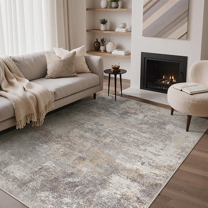 GENIMO Washable 5x7 Area Rugs for Living Room, Non Slip Modern Abstract Rug, Machine Washable Stain Resistant Low Pile Soft Carpet for Bedroom, Dining, Office, Light Grey Brown