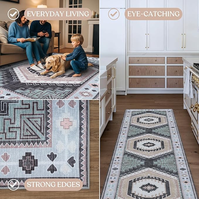 Washable Area Rug. Modern Farmhouse. Vintage. Turkish. Bohemian. Distressed. Oriental. Traditional. Rugs for Living Room. Dining. Bedroom. Office. Entryway. Foyer. (856BlckGry, 5' x 6'9")