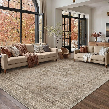 HUGEAR Washable 8x10 Area Rugs Retro Brown Living Room Bedroom Rug Vintage Distressed Non Slip Stain Resistant Low Pile Neutral Throw Carpet for Home Decor